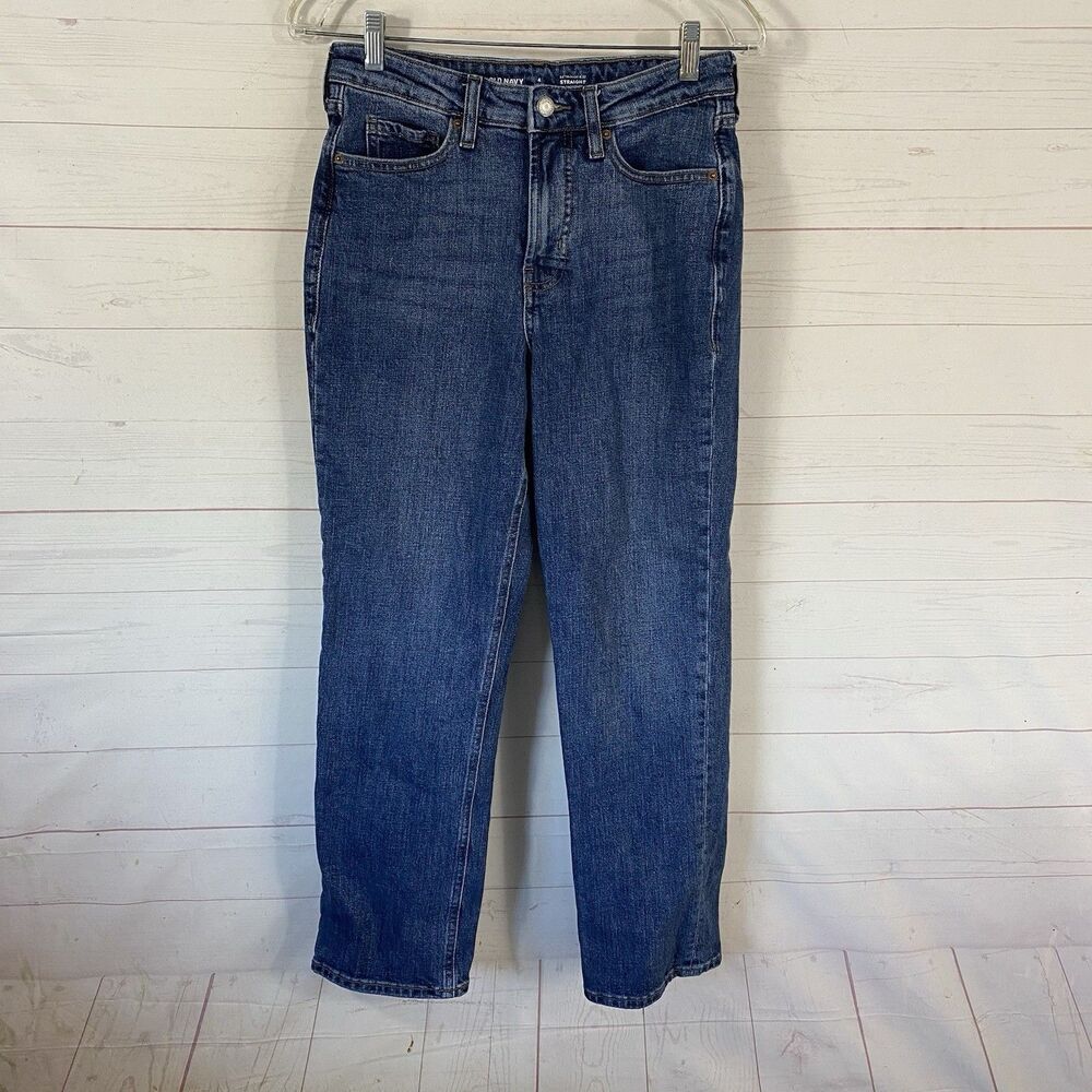 Old Navy Womens Extra High Rise Straight Jeans Sz 4 Petite Blue Cotton Blend